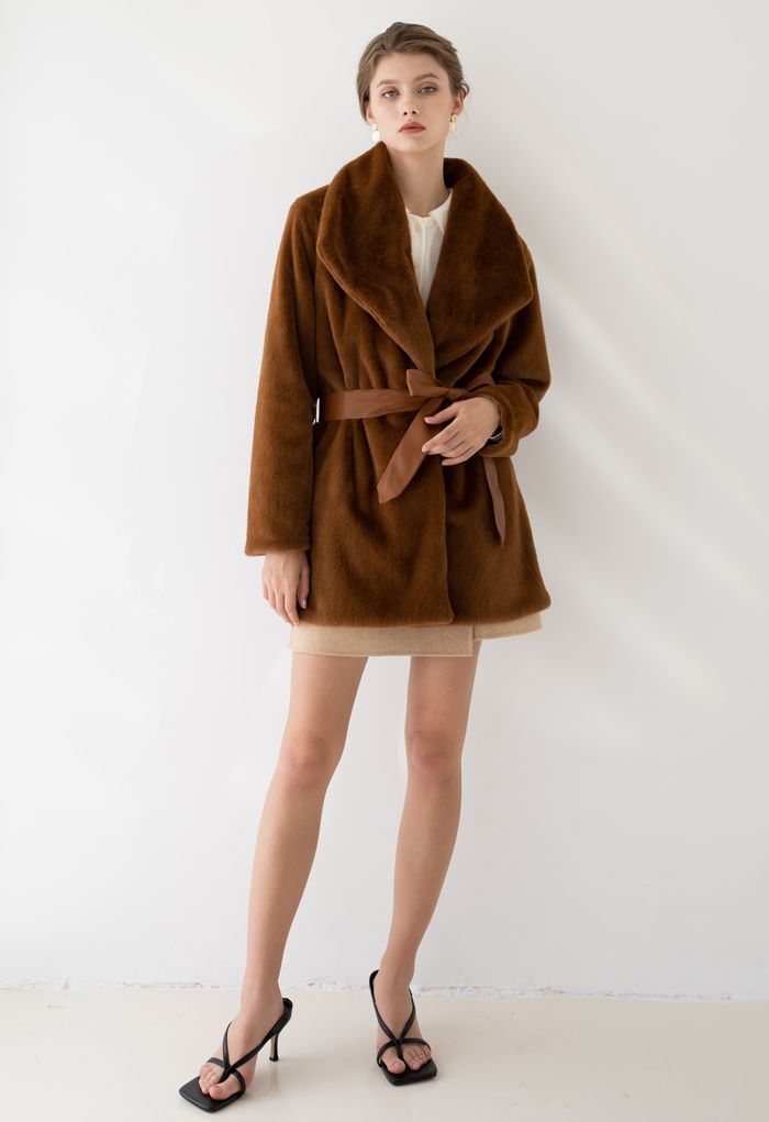 Faux Fur PU Leather Belted Coat in Brown