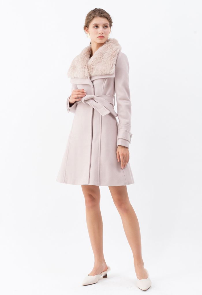 Faux Fur Wide Lapel Wool-Blend Coat in Pink