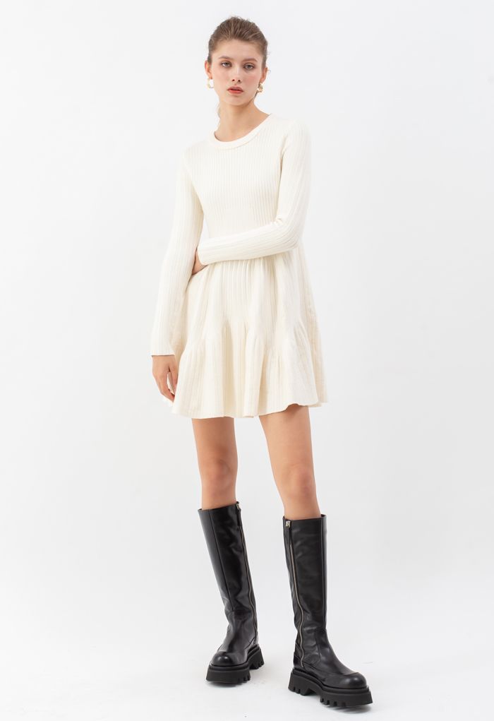 Frilling Hem Round Neck Knit Dress in Cream