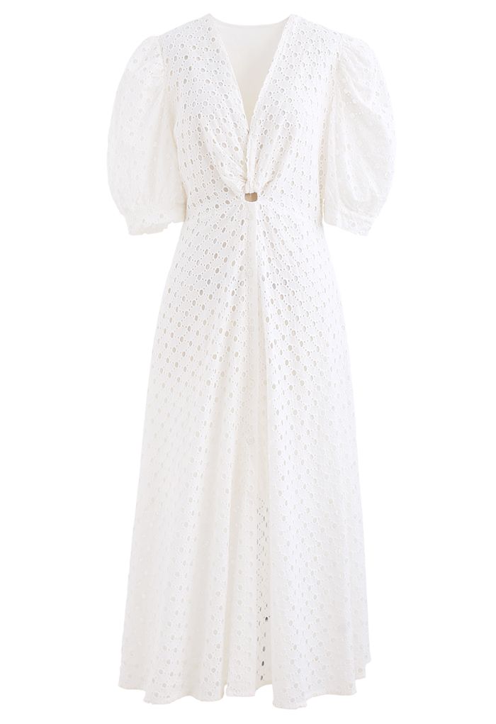 Twist V-Neck Buttoned Eyelet Dress in White