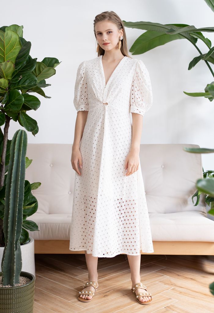 Twist V-Neck Buttoned Eyelet Dress in White