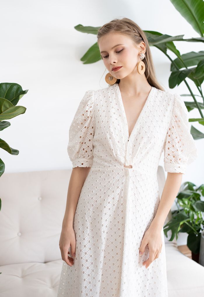 Twist V-Neck Buttoned Eyelet Dress in White