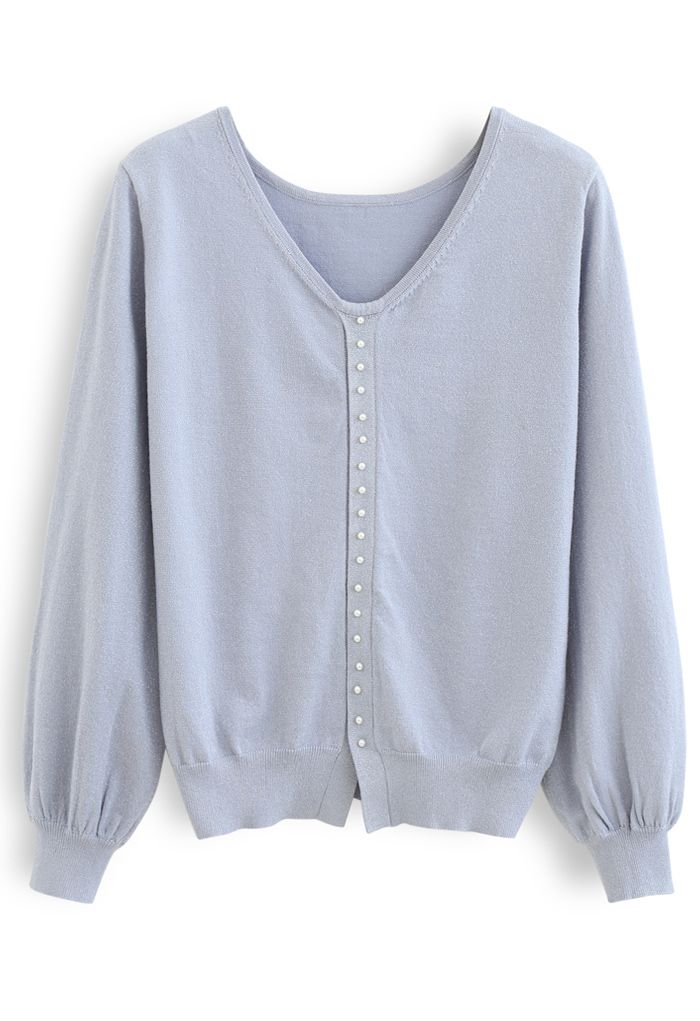 Pearl Trim Shimmer Knit Top in Blue