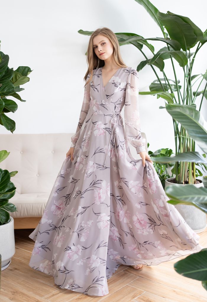 Stunning Lavender Floral Print Wrap Chiffon Maxi Dress