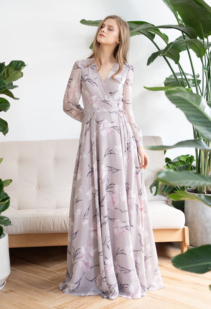 Stunning Lavender Floral Print Wrap Chiffon Maxi Dress