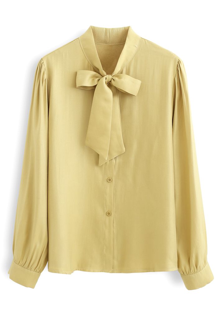 Shimmer Bowknot Button Down Shirt in Mustard