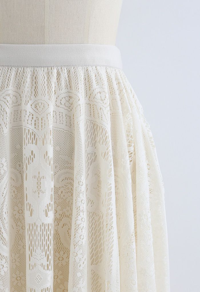 Divine Floral Lace Midi Skirt in Cream