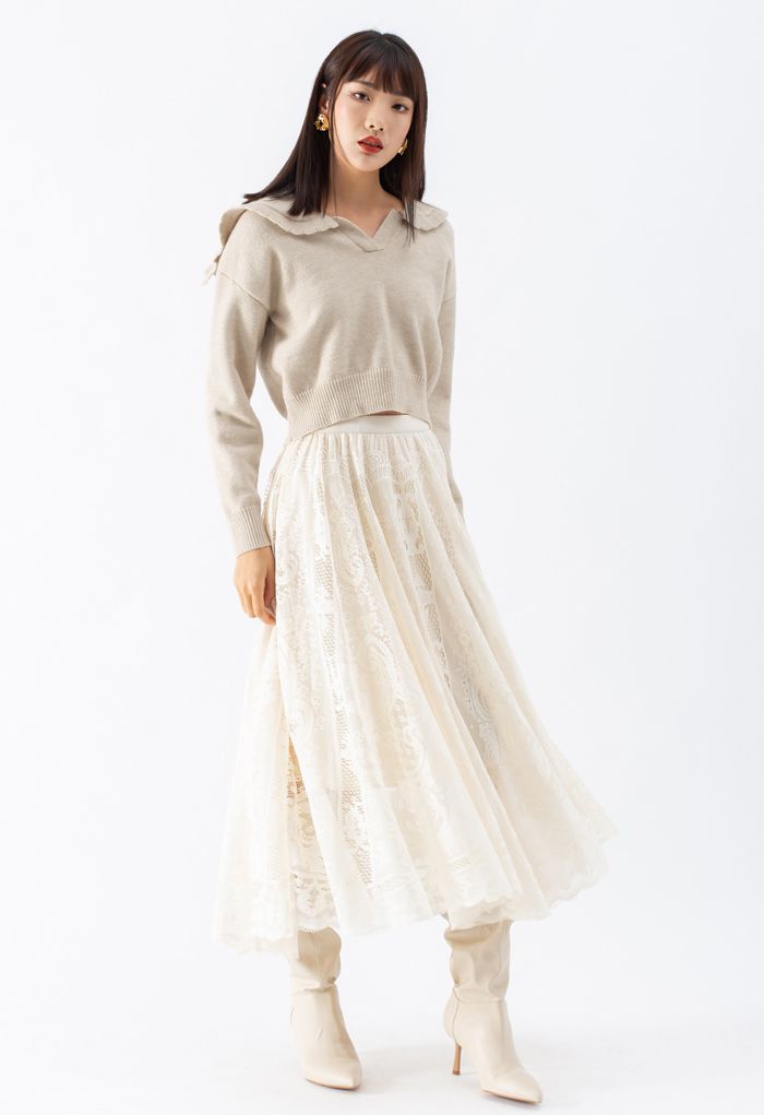 Divine Floral Lace Midi Skirt in Cream