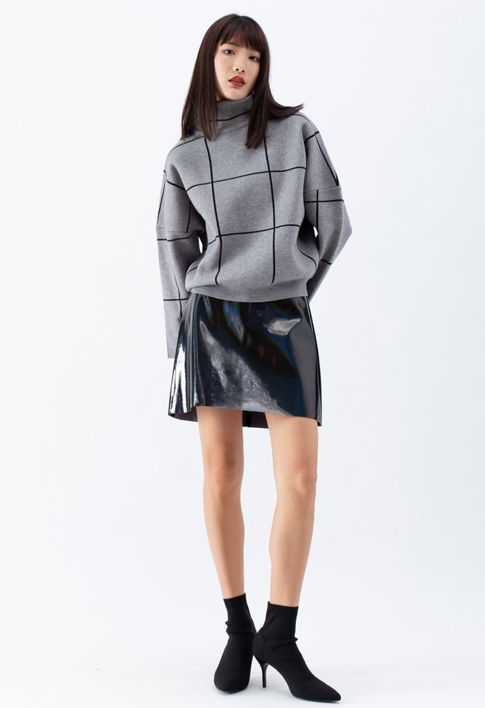 Grid Turtleneck Sweater in Grey