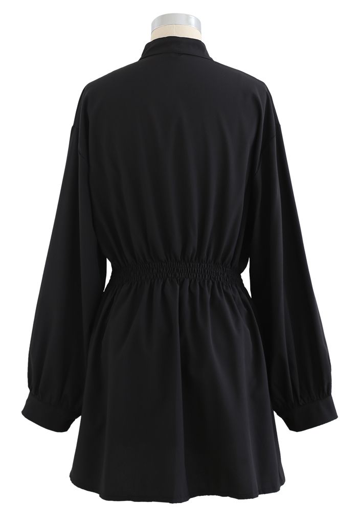 Asymmetric Shirred Button Down Shirt Dress in Black