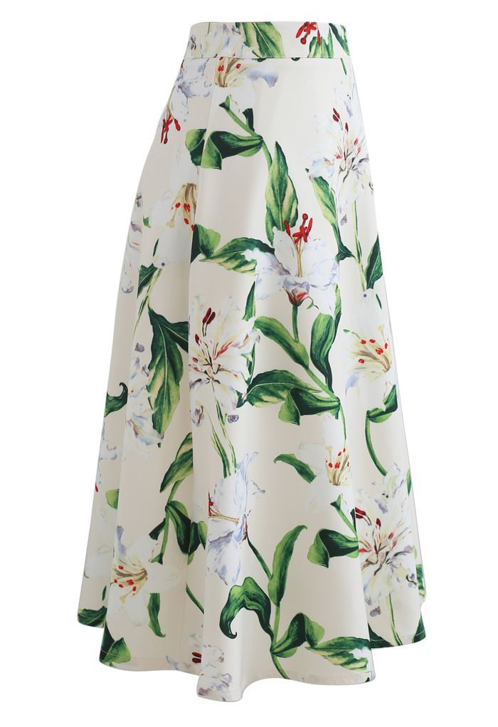 Gorgeous Floral Print A-Line Midi Skirt in Green