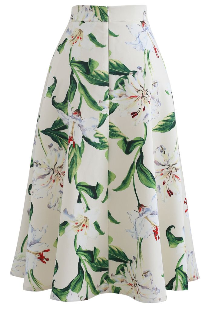 Gorgeous Floral Print A-Line Midi Skirt in Green