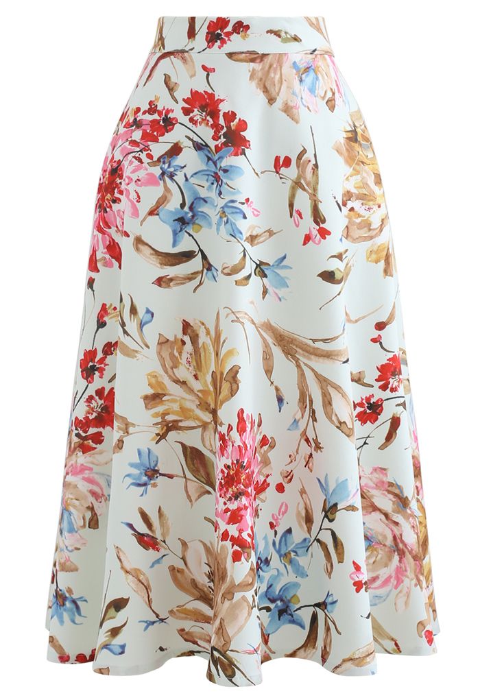 Gorgeous Floral Print A-Line Midi Skirt in Pink