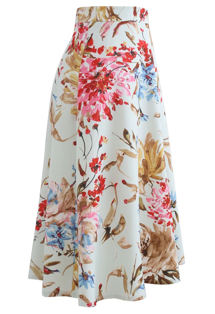 Gorgeous Floral Print A-Line Midi Skirt in Pink