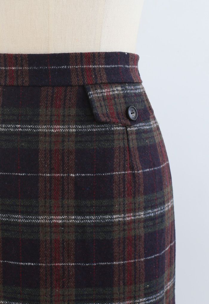 Plaid Pocket Trim Wool-Blend Pencil Skirt