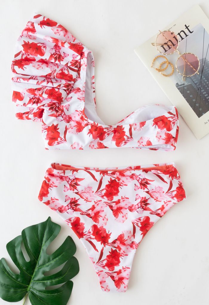 Ruffle One-Shoulder Floral Bikini Set