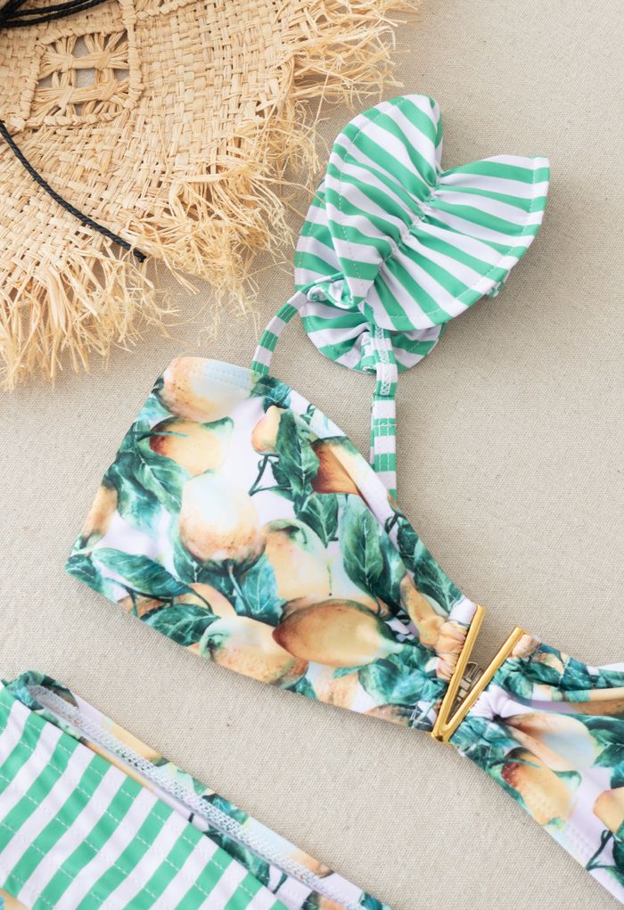 Striped Lemon Print Bowknot Bikini Set