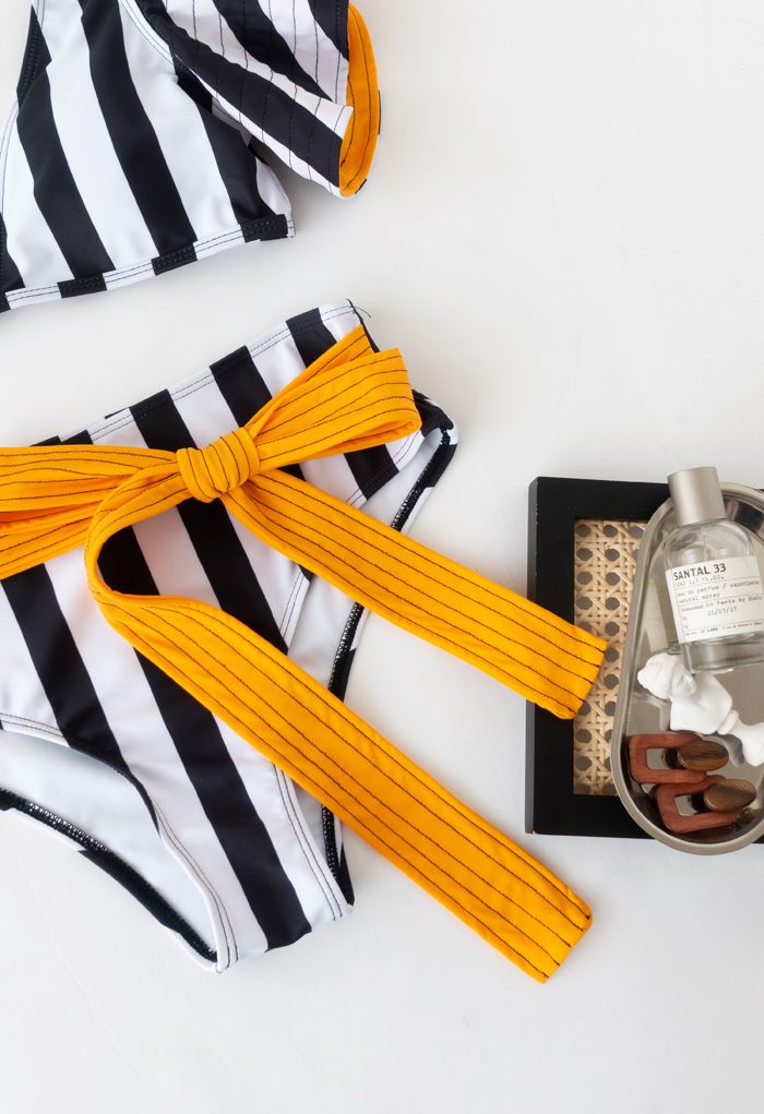 Black and White Stripe Ruffle Bowknot Bikini Set