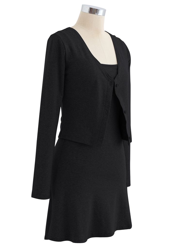 Cotton Blend V-Neck Button Twinset Dress in Black