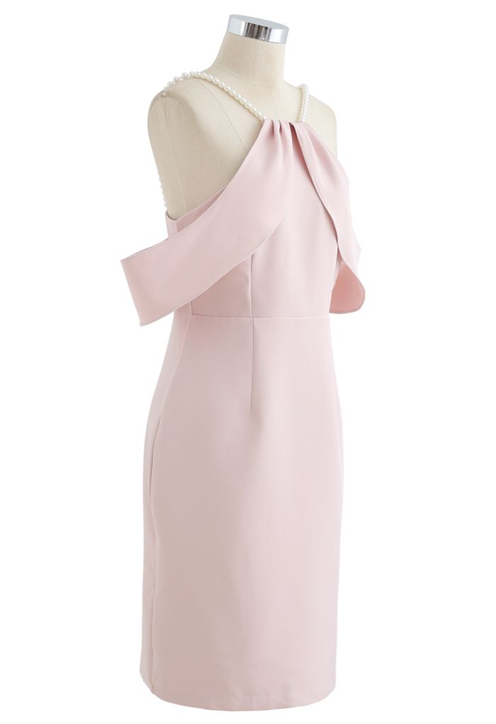 Pearl Strap Cold-Shoulder Shift Dress in Pink