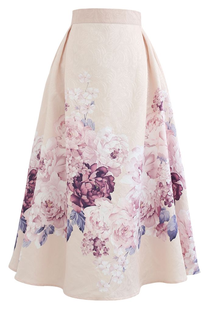 Lavender Peony Print Embossed Midi Skirt