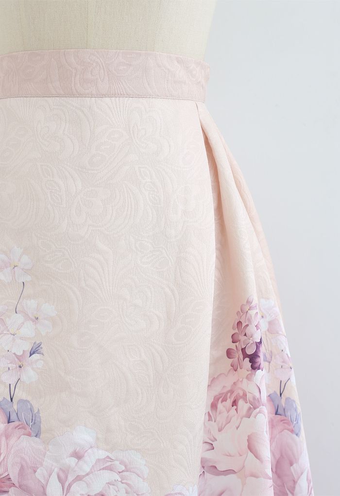 Lavender Peony Print Embossed Midi Skirt