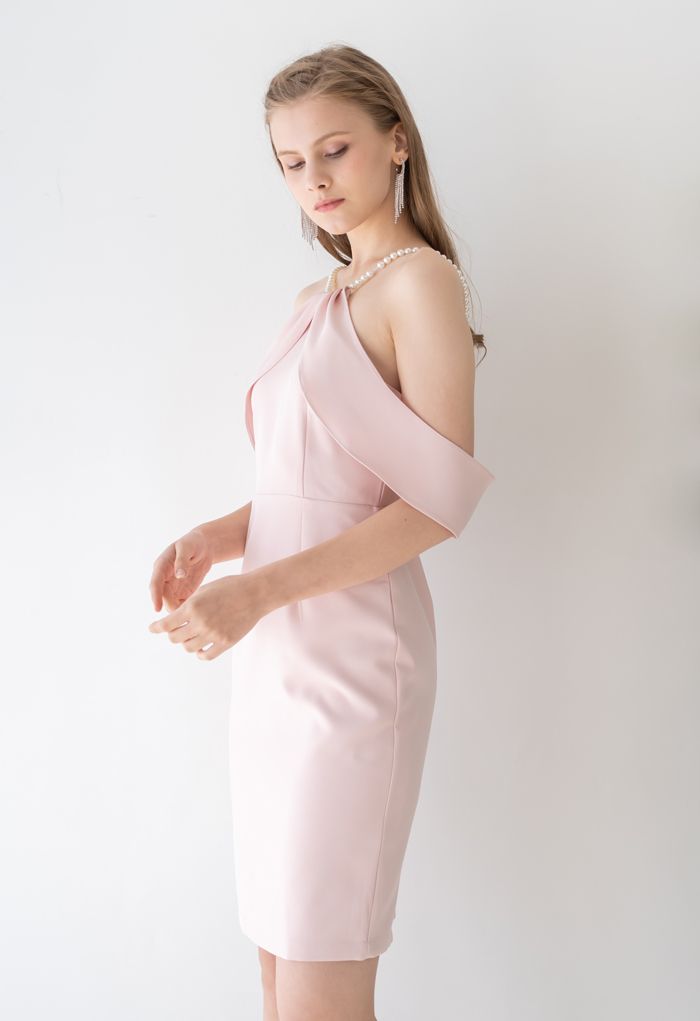 Pearl Strap Cold-Shoulder Shift Dress in Pink