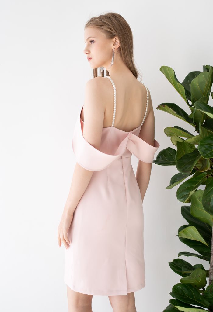 Pearl Strap Cold-Shoulder Shift Dress in Pink