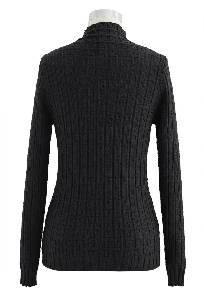 Maze Embossed High Neck Fitted Knit Top in Black