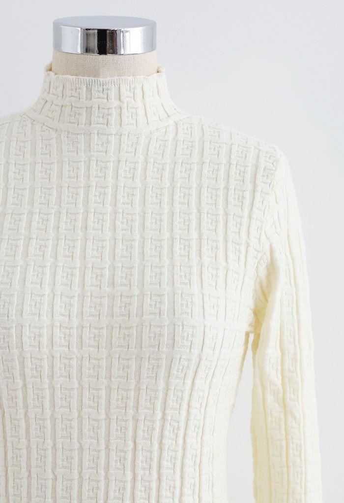 Maze Embossed High Neck Fitted Knit Top in Cream