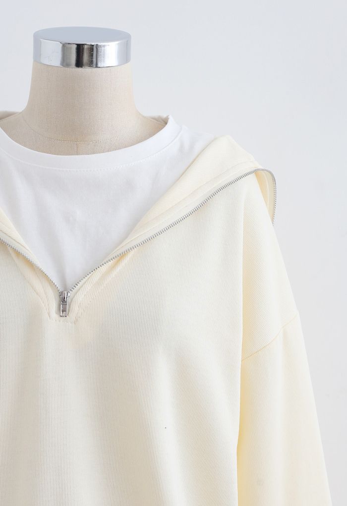 Zipper Front Spliced Sweatshirt in Cream