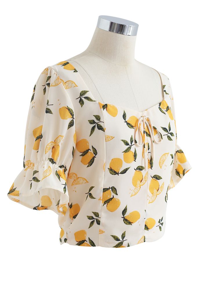 Lemon Print Square Neck Bowknot Crop Top