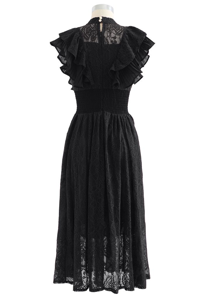 Tiered Ruffle Sleeveless Midi Lace Dress in Black