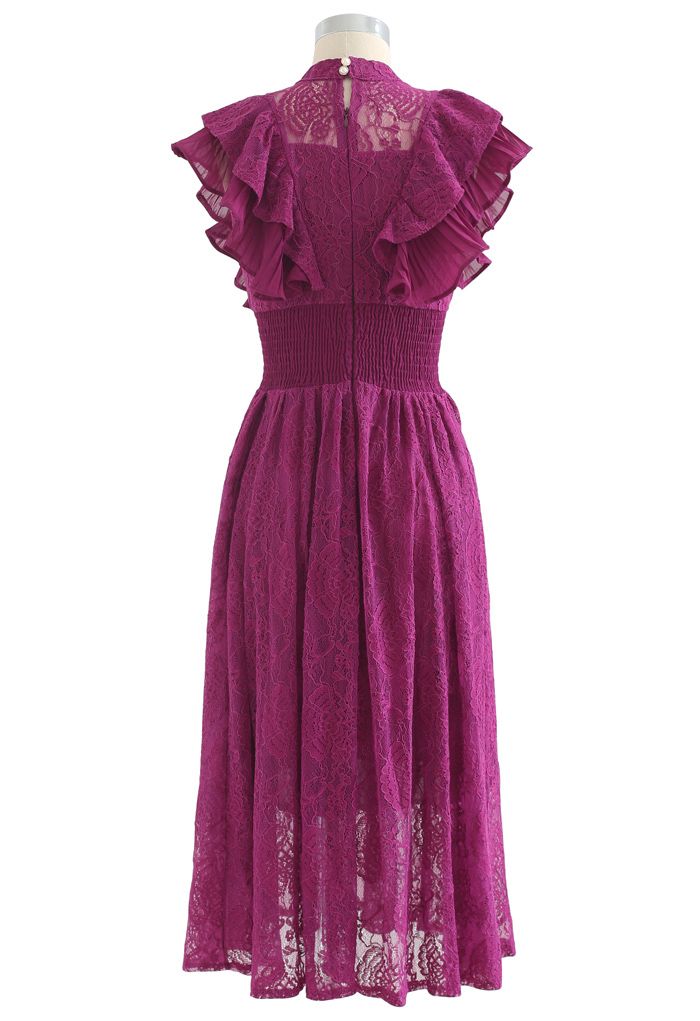 Tiered Ruffle Sleeveless Midi Lace Dress in Magenta