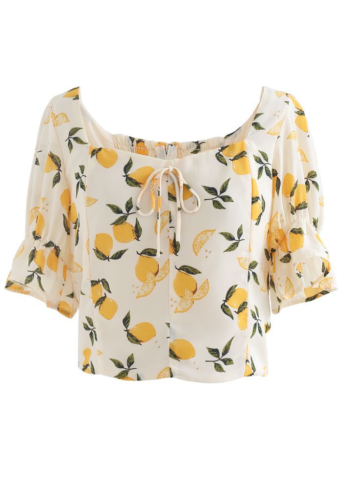 Lemon Print Square Neck Bowknot Crop Top