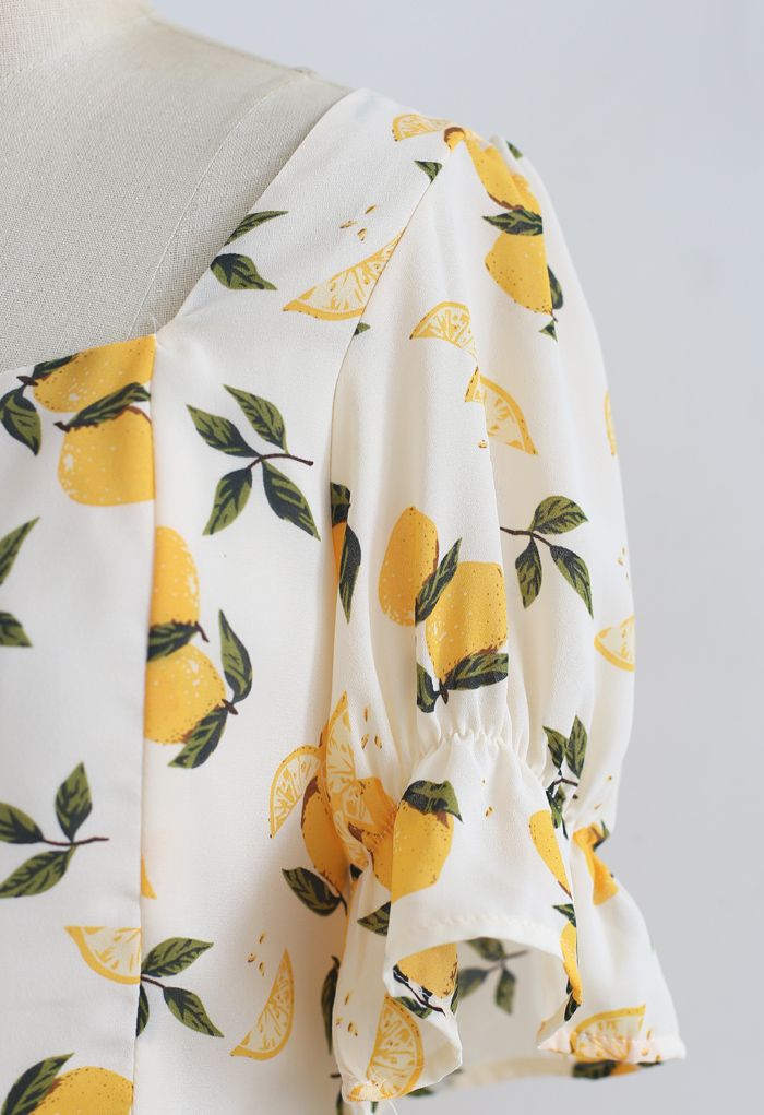 Lemon Print Square Neck Bowknot Crop Top