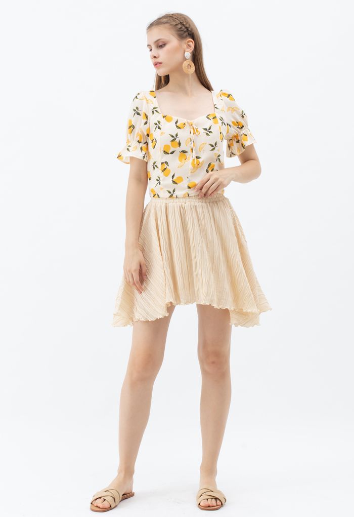 Lemon Print Square Neck Bowknot Crop Top