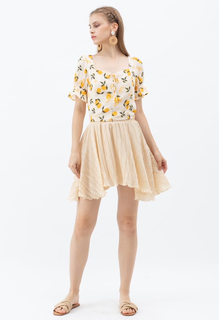 Lemon Print Square Neck Bowknot Crop Top