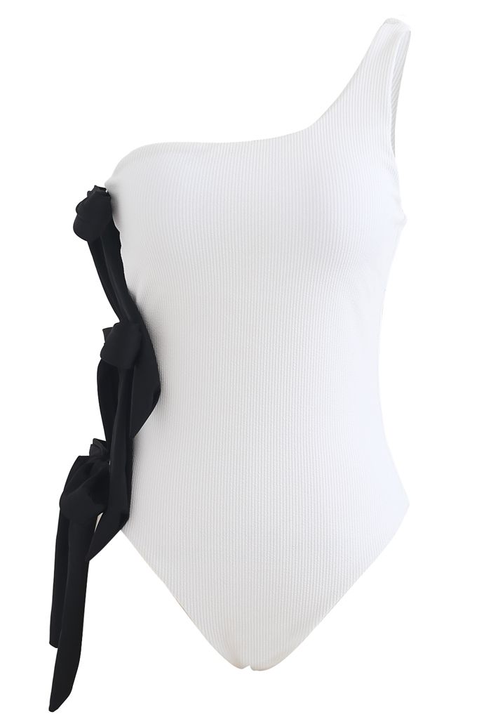 Bowknot Side One-Shoulder Swimsuit in White