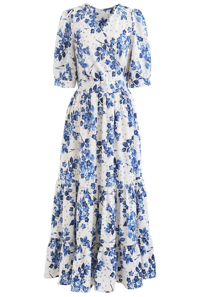 Blue Floral Printed Wrap Frilling Dress