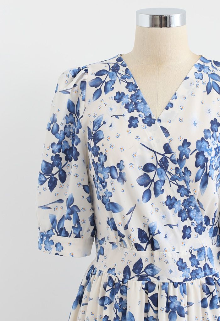 Blue Floral Printed Wrap Frilling Dress