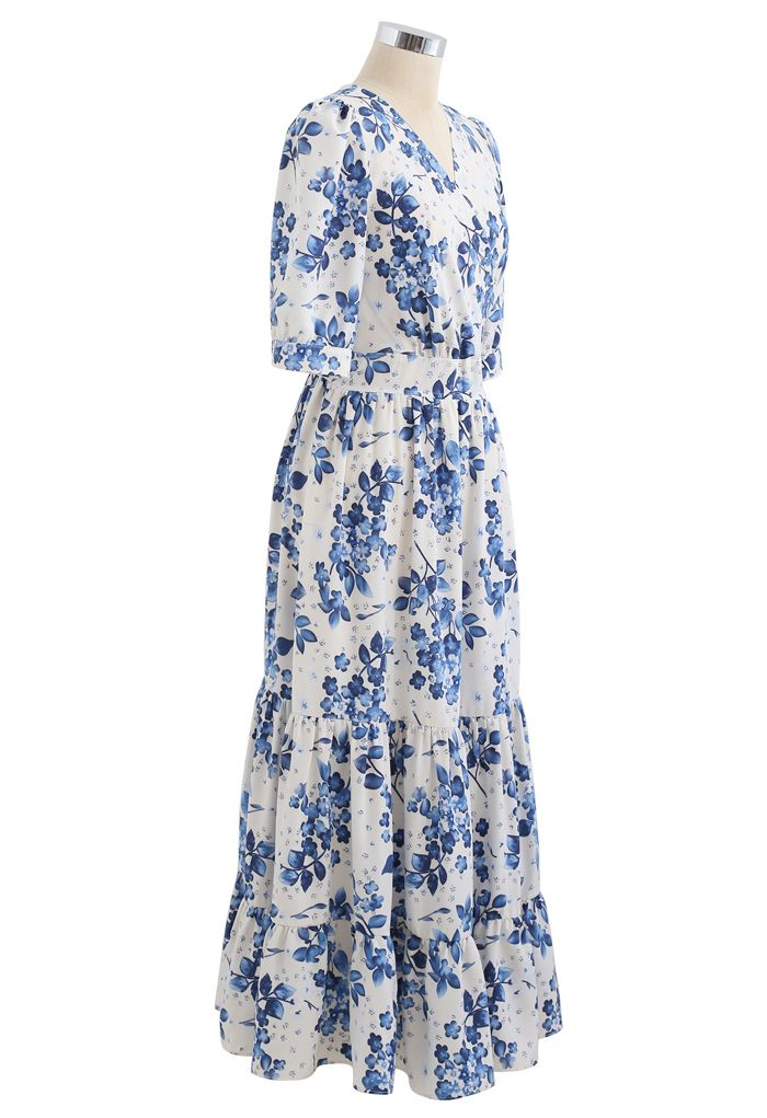 Blue Floral Printed Wrap Frilling Dress