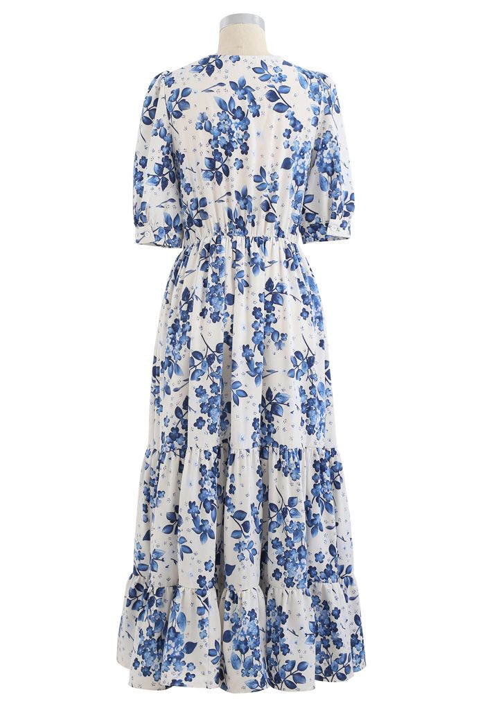 Blue Floral Printed Wrap Frilling Dress