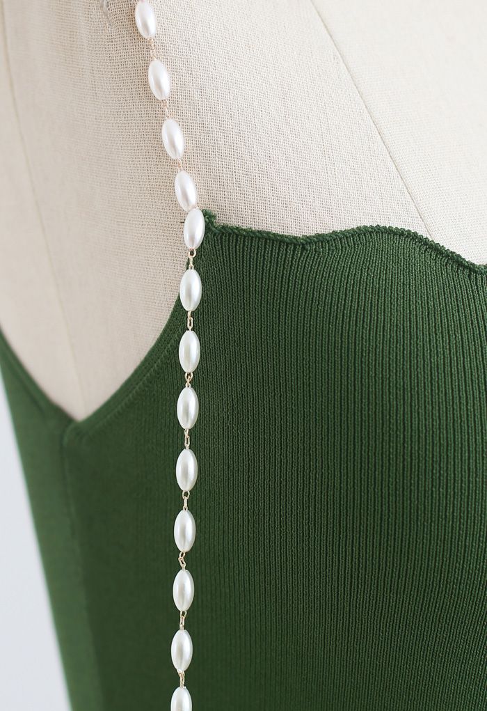 Pearl Straps Bodycon Knit Cami Dress in Green