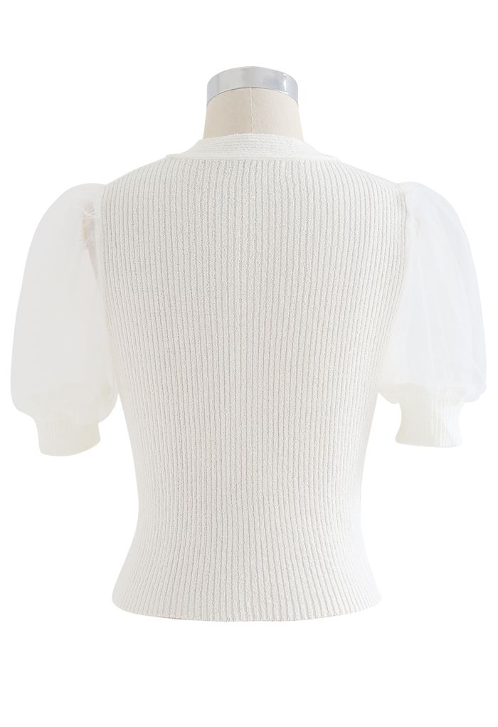 Meshed Short Sleeves Cropped Knit Top in White