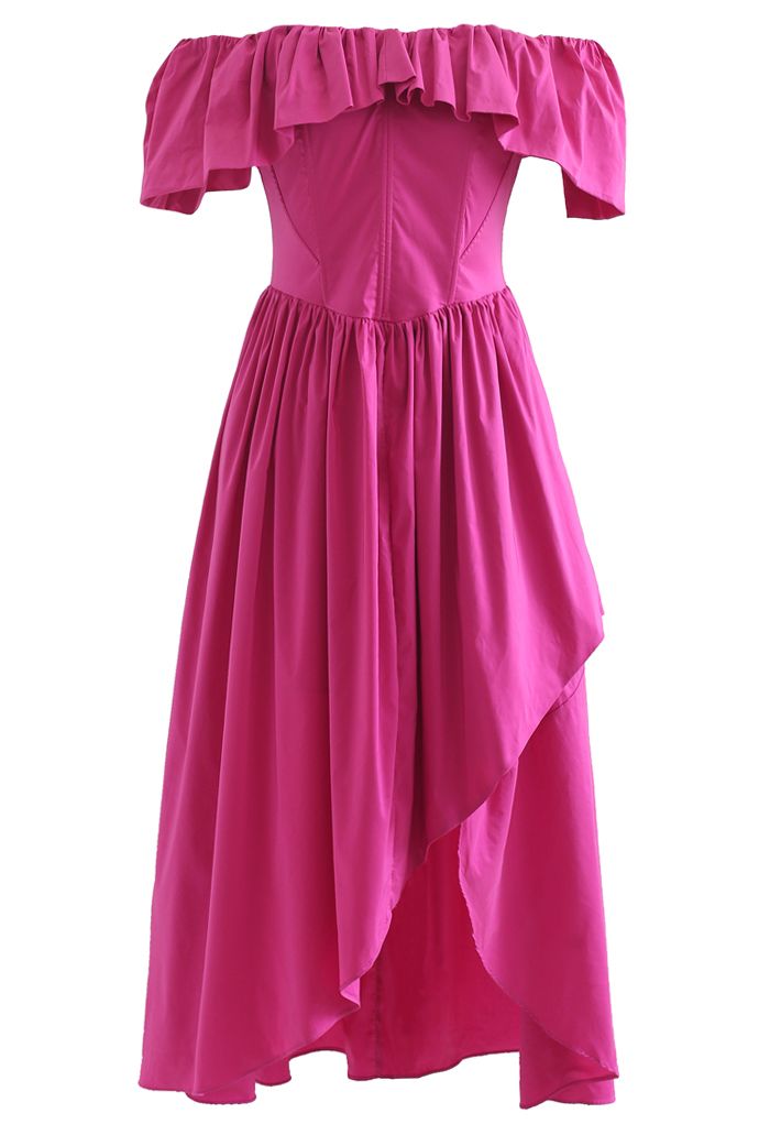 Ruffle Off-Shoulder Flap Asymmetric Dress in Magenta