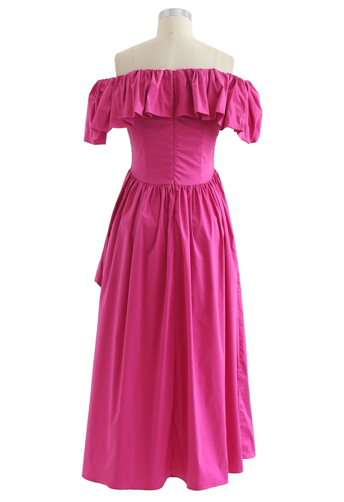 Ruffle Off-Shoulder Flap Asymmetric Dress in Magenta