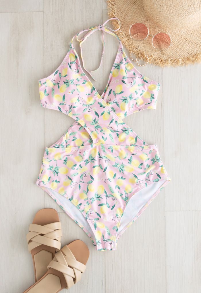 Lemon Print Halter Neck Swimsuit for Mommy & Kids