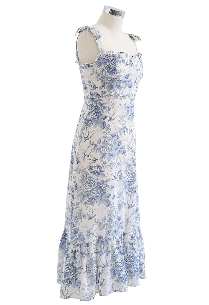 Swallow and Rose Printed Tie-Strap Midi Dress