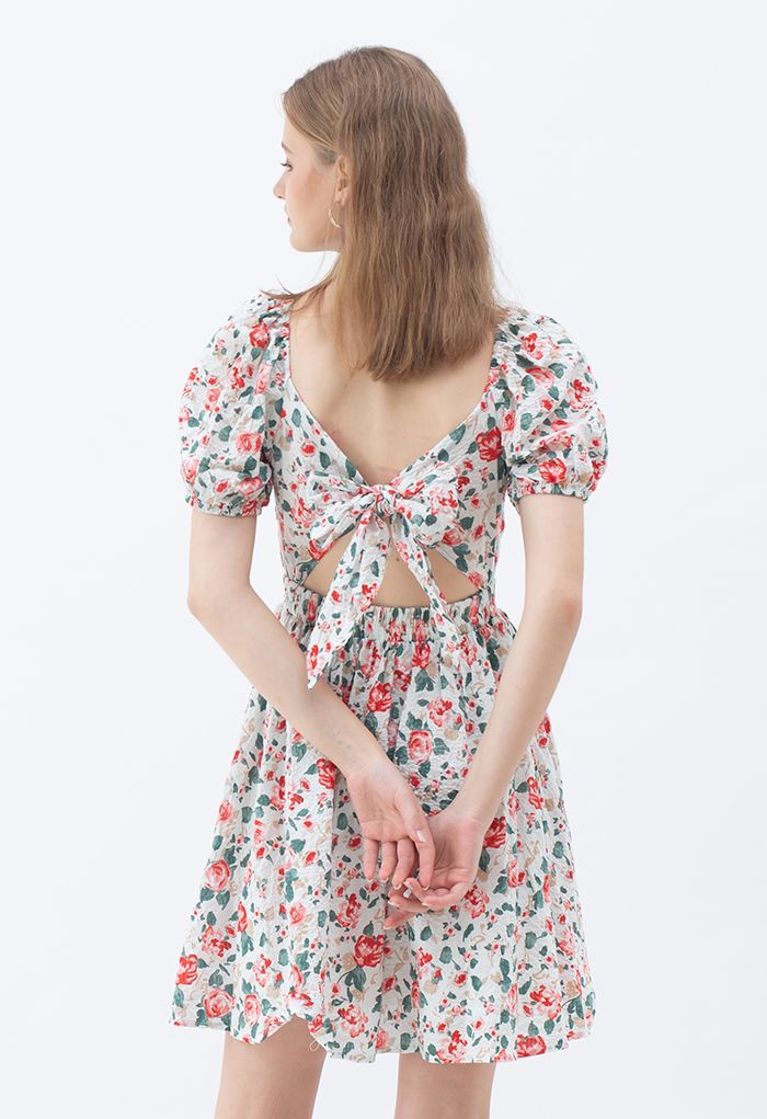 Red Rose Blossom Watercolor Tie Back Dress